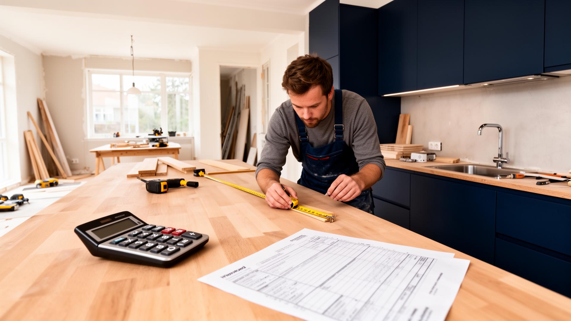 Hantverkare som mäter en köksbänk inför en renovering